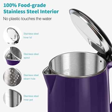 Secura Original Stainless Steel Double Wall Electric Water Kettle 1.8 Quart with Auto Shut-Off & Boil-Dry Protection, Dark Purple SWK-1701DP/HB-3227B