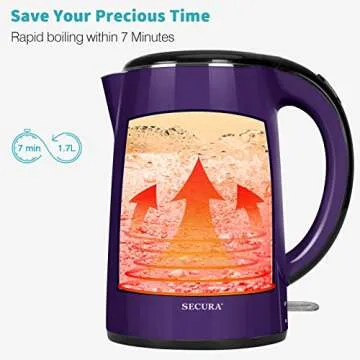 Secura Original Stainless Steel Double Wall Electric Water Kettle 1.8 Quart with Auto Shut-Off & Boil-Dry Protection, Dark Purple SWK-1701DP/HB-3227B