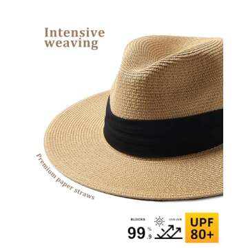FURTALK Panama Hat Sun Hats for Women Men Wide Brim Fedora Straw Beach Hat UV UPF 80+ Khaki