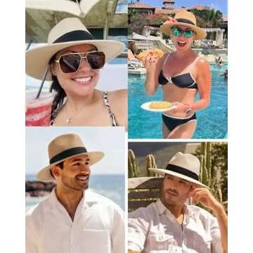 FURTALK Panama Hat Sun Hats for Women Men Wide Brim Fedora Straw Beach Hat UV UPF 80+ Khaki
