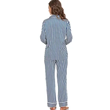 Serenedelicacy Women's Satin Pajama Set Long Sleeve Button Down Sleepwear 2-Piece Striped Silky Pj Set (Medium, Navy/Ivory, Stripe)