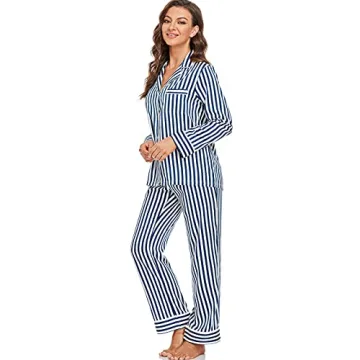 Serenedelicacy Women's Satin Pajama Set Long Sleeve Button Down Sleepwear 2-Piece Striped Silky Pj Set (Medium, Navy/Ivory, Stripe)