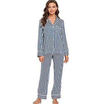Serenedelicacy Women's Satin Pajama Set Long Sleeve Button Down Sleepwear 2-Piece Striped Silky Pj Set (Medium, Navy/Ivory, Stripe)