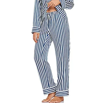 Serenedelicacy Women's Satin Pajama Set Long Sleeve Button Down Sleepwear 2-Piece Striped Silky Pj Set (Medium, Navy/Ivory, Stripe)