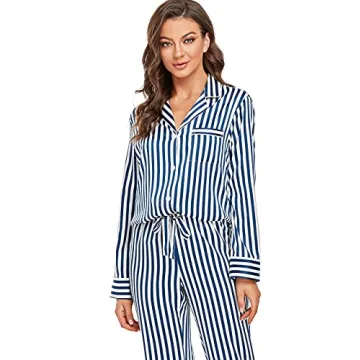 Serenedelicacy Women's Satin Pajama Set Long Sleeve Button Down Sleepwear 2-Piece Striped Silky Pj Set (Medium, Navy/Ivory, Stripe)