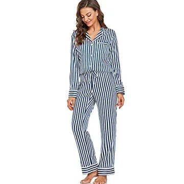 Serenedelicacy Women's Satin Pajama Set Long Sleeve Button Down Sleepwear 2-Piece Striped Silky Pj Set (Medium, Navy/Ivory, Stripe)