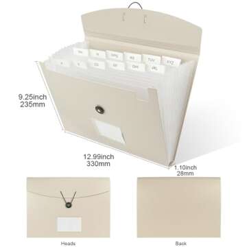 JIMEIQI Accordion File Organizer, 13 Pocket Expanding File Folder Organizer for Letter Size/A4 Documents, Beige Expandable Portable Monthly Bill/Receipt Organizer for Home/Office/School