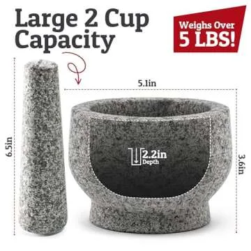 PriorityChef Large Mortar and Pestle Set, Heavy Duty Natural Granite, Make Fresh Guacamole at Home, Solid Stone Grinder Bowl, Herb Crusher, Spice Grinder, 2 Cup Size, Unpolished Grey