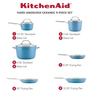 KitchenAid Hard Anodized Ceramic 9-Piece Nonstick Cookware Set – Fry Pans, Saucepan, Stockpot, Ove...