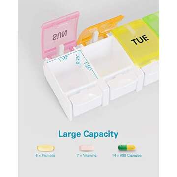 BUG HULL Pill Organizer Arthritis Friendly, Weekly Pill Box with Push Open Button, 7 Day Pill Case, Daily Medicine Organizer for Vitamins, Fish Oils, Supplements