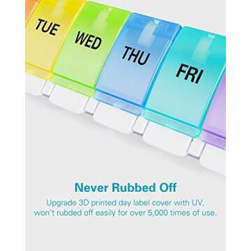 BUG HULL Pill Organizer Arthritis Friendly, Weekly Pill Box with Push Open Button, 7 Day Pill Case, Daily Medicine Organizer for Vitamins, Fish Oils, Supplements