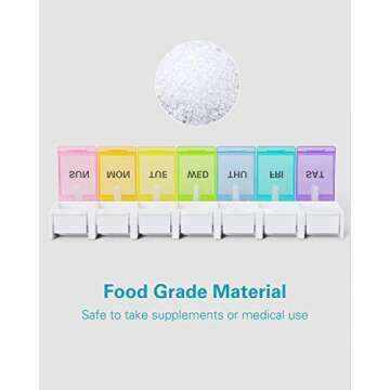 BUG HULL Pill Organizer Arthritis Friendly, Weekly Pill Box with Push Open Button, 7 Day Pill Case, Daily Medicine Organizer for Vitamins, Fish Oils, Supplements