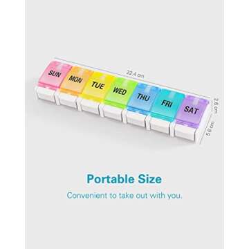 BUG HULL Pill Organizer Arthritis Friendly, Weekly Pill Box with Push Open Button, 7 Day Pill Case, Daily Medicine Organizer for Vitamins, Fish Oils, Supplements