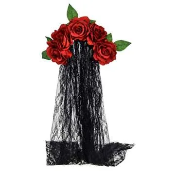 June Bloomy Day of the Dead Headpiece Rose Floral Crown Veil Halloween Costume Mexican Flower Headba...