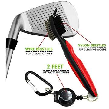 Yoport® Golf Club Brush and Club Groove Cleaner 2 Ft Retractable Zip-line Aluminum Carabiner, Lightweight and Stylish, Ergonomic Design, Easily Attaches to Golf Bag (Black+Black)
