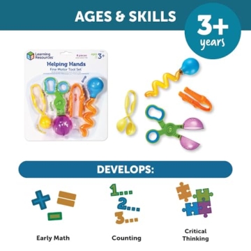 Learning Resources Helping Hands Fine Motor Tool Set Toy - 4 Pieces, Ages 3+ Fine Motor and Sensory Play Toys, Toddler Tweezers, Sensory Bin Toys