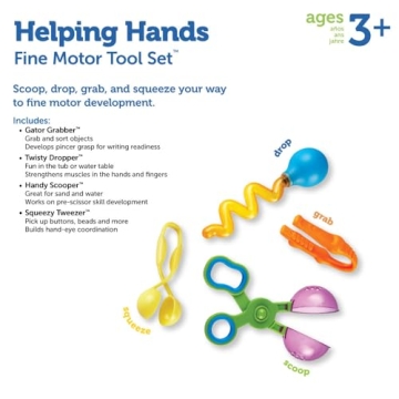 Learning Resources Helping Hands Fine Motor Tool Set Toy - 4 Pieces, Ages 3+ Fine Motor and Sensory Play Toys, Toddler Tweezers, Sensory Bin Toys
