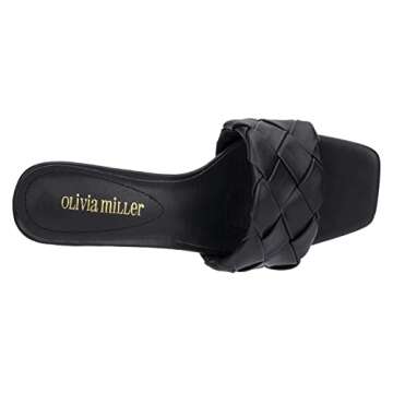 Olivia Miller Women’s Fashion Ladies Shoes, Half Moon Black PU Vegan Leather Woven Braided Trendy Single Open Toe Strap, Slide On 1.5 Inch Low Mid Kitten Heel Sandals