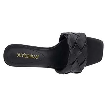 Olivia Miller Women’s Fashion Ladies Shoes, Half Moon Black PU Vegan Leather Woven Braided Trendy Single Open Toe Strap, Slide On 1.5 Inch Low Mid Kitten Heel Sandals