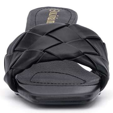 Olivia Miller Women’s Fashion Ladies Shoes, Half Moon Black PU Vegan Leather Woven Braided Trendy Single Open Toe Strap, Slide On 1.5 Inch Low Mid Kitten Heel Sandals