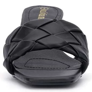 Olivia Miller Women’s Fashion Ladies Shoes, Half Moon Black PU Vegan Leather Woven Braided Trendy Single Open Toe Strap, Slide On 1.5 Inch Low Mid Kitten Heel Sandals
