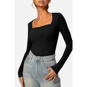 Vertvie Square Neck Tops for Women Long Sleeve Double Lined Tight Shirts Slim Fitted Basic Tee Soft ...