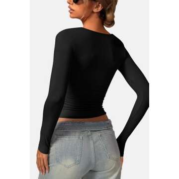 Vertvie Square Neck Tops for Women Long Sleeve Double Lined Tight Shirts Slim Fitted Basic Tee Soft Sexy Trendy Going Out Top (Black,Medium)
