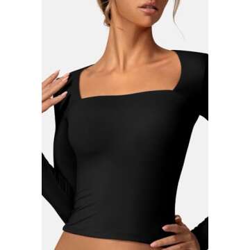 Vertvie Square Neck Tops for Women Long Sleeve Double Lined Tight Shirts Slim Fitted Basic Tee Soft Sexy Trendy Going Out Top (Black,Medium)