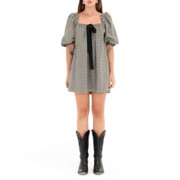 KMBANGI Women Cute Babydoll Dress Short Puff Sleeve Bow Tie Gingham Mini Dress Ruffle Boho Floral Short Slip Sundress(Bowtie Black,L)