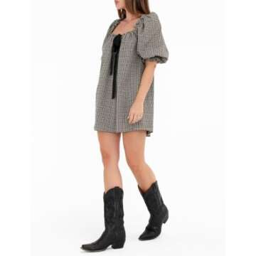 KMBANGI Women Cute Babydoll Dress Short Puff Sleeve Bow Tie Gingham Mini Dress Ruffle Boho Floral Short Slip Sundress(Bowtie Black,L)