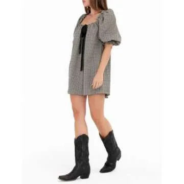 KMBANGI Women Cute Babydoll Dress Short Puff Sleeve Bow Tie Gingham Mini Dress Ruffle Boho Floral Short Slip Sundress(Bowtie Black,L)