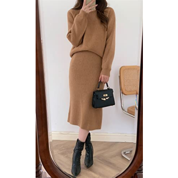 chouyatou Women's Two Piece Sweater Skirt Sets Knit Sweater Top Bodycon Skirt 2 Piece Outfits (Medium, Camel)