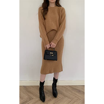 chouyatou Women's Two Piece Sweater Skirt Sets Knit Sweater Top Bodycon Skirt 2 Piece Outfits (Medium, Camel)