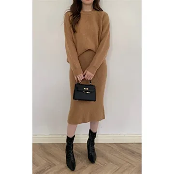 chouyatou Women's Two Piece Sweater Skirt Sets Knit Sweater Top Bodycon Skirt 2 Piece Outfits (Medium, Camel)