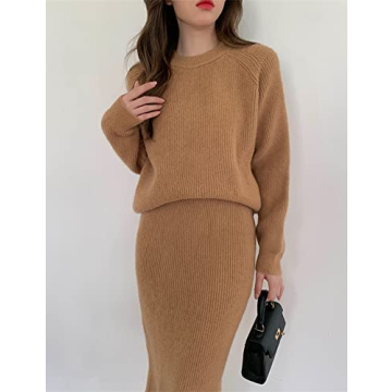 chouyatou Women's Two Piece Sweater Skirt Sets Knit Sweater Top Bodycon Skirt 2 Piece Outfits (Medium, Camel)