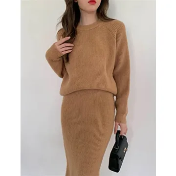chouyatou Women's Two Piece Sweater Skirt Sets Knit Sweater Top Bodycon Skirt 2 Piece Outfits (Medium, Camel)