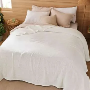 Bedsure 100% Cotton Blanket King Size for Bed - Breathable and Lightweight, Soft Cozy Basket Woven B...