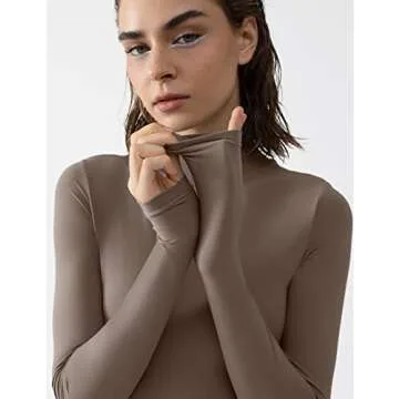 PUMIEY Bodysuit for Women Long Sleeve Mock Turtle Neck Body Suits T-shirt Tops, Mocha Small