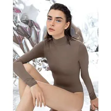PUMIEY Bodysuit for Women Long Sleeve Mock Turtle Neck Body Suits T-shirt Tops, Mocha Small
