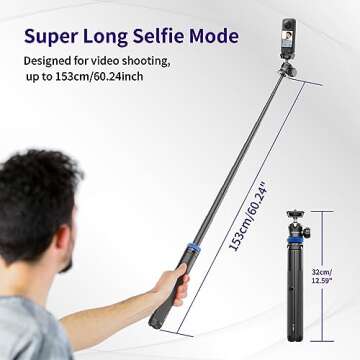 Kaitezenz Selfie Stick Tripod for Gopro Camera, 62" Extendable Tripod Stand with 360° Ball Head 1/4...