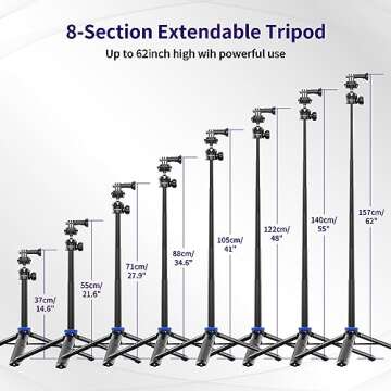 Kaitezenz Selfie Stick Tripod for Gopro Camera, 62" Extendable Tripod Stand with 360° Ball Head 1/4" Screw, Portable Lightweight Camera Tripod for GoPro Max Hero 11 10 9 8 7 6 5 DJI OSMO Action Camera