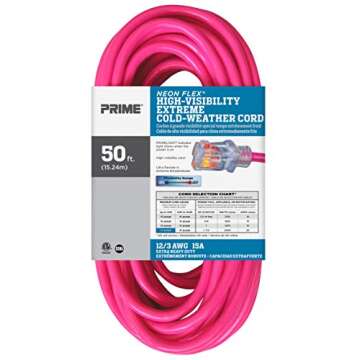 Prime Wire & Cable NS513830 50-Foot 12/3 SJTW Flex High Visibility Extra Heavy Duty Outdoor Extension Cord with Primelight Indicator Light, Neon Pink