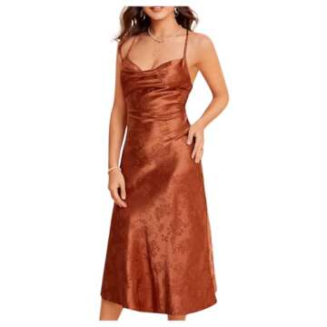 Floerns Women's Spaghetti Strap Cowl Neck Long Slip Satin Silk Midi Dress Rust Brown Floral S