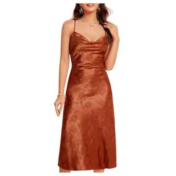 Floerns Women's Spaghetti Strap Cowl Neck Long Slip Satin Silk Midi Dress Rust Brown Floral S