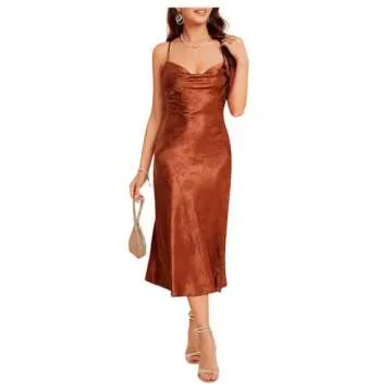 Floerns Women's Spaghetti Strap Cowl Neck Long Slip Satin Silk Midi Dress Rust Brown Floral S