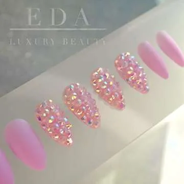 EDA LUXURY BEAUTY Nude Pink Matte 3D Luxe Crystal Design Press On Nails Full Cover Acrylic Nail Kit Glue On False Nails Extra Long Round Almond Stiletto Nail Art Tips Fashion Fake Nails Set