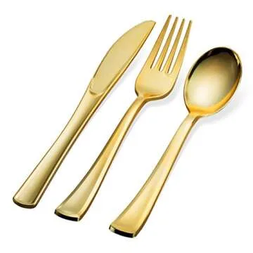 300 Gold Disposable Plastic Flatware Set - 100 Forks, 100 Spoons, 100 Knives - Heavy Duty Silverware...