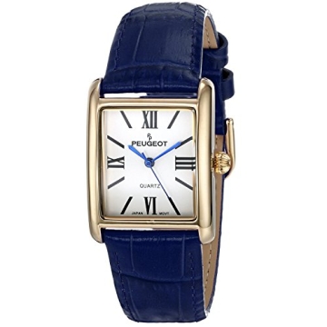 Peugeot Elegant Tank Leather Dress Watch for Women with Vintage Blue Dial