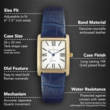 Elegant Peugeot Tank Leather Watch for Women with Blue Dial