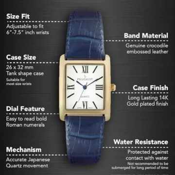 Elegant Peugeot Tank Leather Watch for Women with Blue Dial